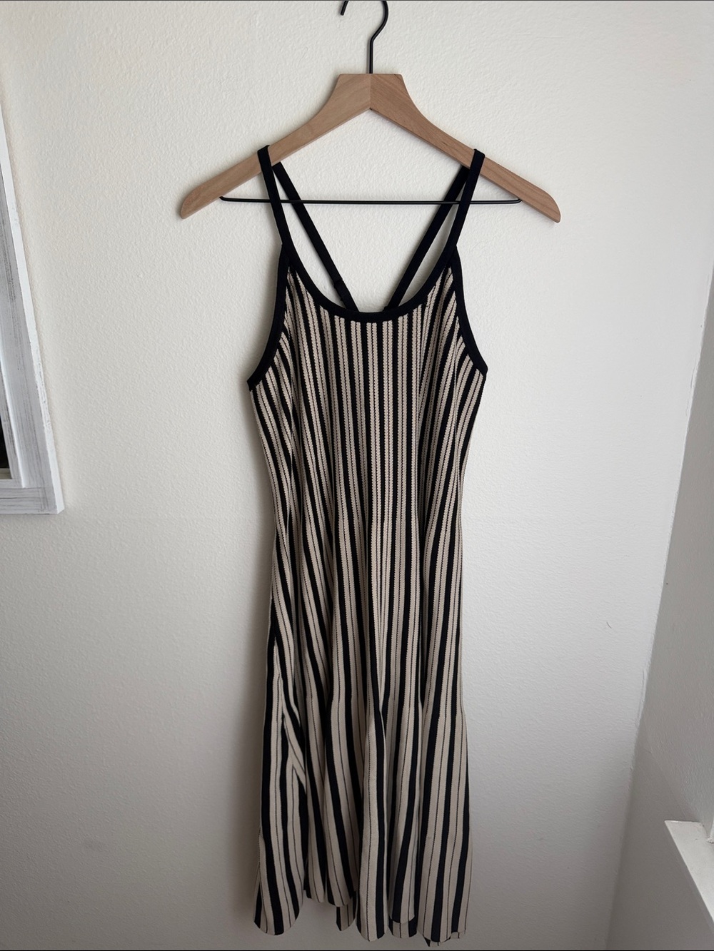 Black and Cream Striped Sleeveless Midi Sweater Dress